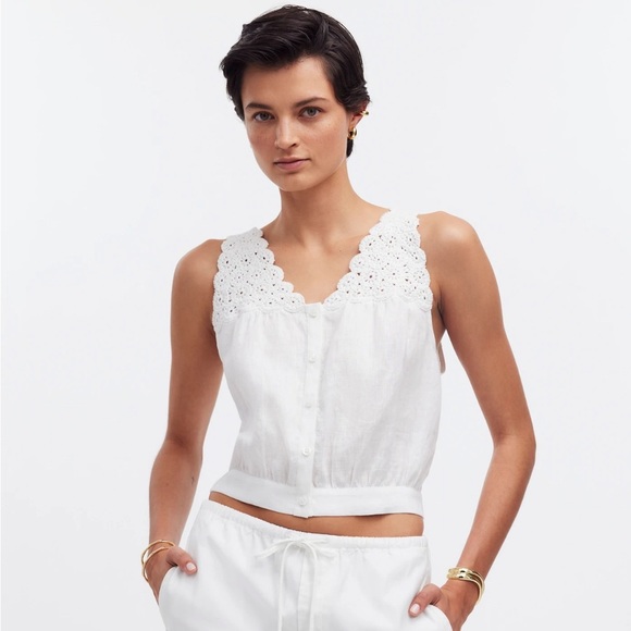 Madewell Tops - Madewell 100% Linen Embroidered V-Neck Bubble Top